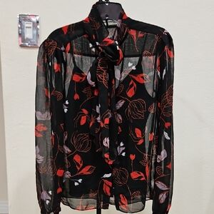 Sz S - Diane Von Furstenberg Black and Red Sheer Floral Blouse